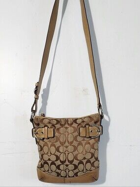 Coach Tan Signature Canvas Crossbody Bag with Buckle Accents